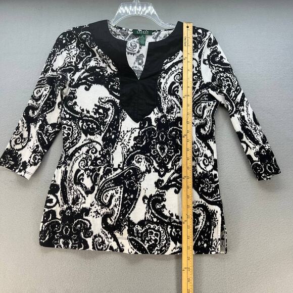 Ralph Lauren Tunic Top Women's Size M Black And White Ikat Pattern 3/4 Sleeve - Picture 5 of 9